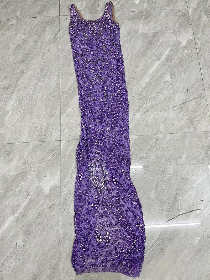 Fioletowa Sukienka na Szelkach z Siateczki z Cyrkoniami, Prześwitująca, z Drapowaniem, Modelka Dorosła, Sukienka na Wybieg, Modna Sukienka, Sukienki na Spotkanie Roczne, Wieczorowe, Ślubne