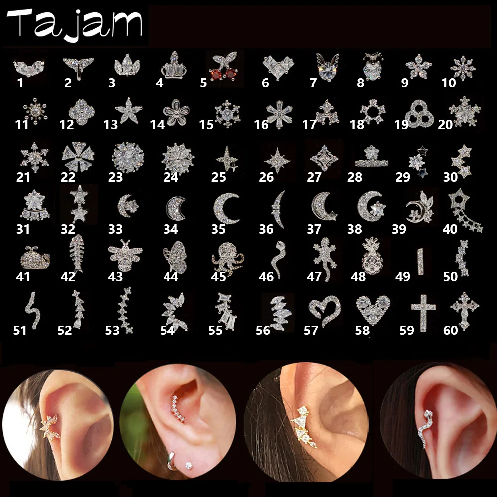1PC Ear Studs 60Styles Chosse CZ Zircon Moon Star Earring Tragus Helix Cartilage Gold & Silver Color Body Piercing Jewelry 20G