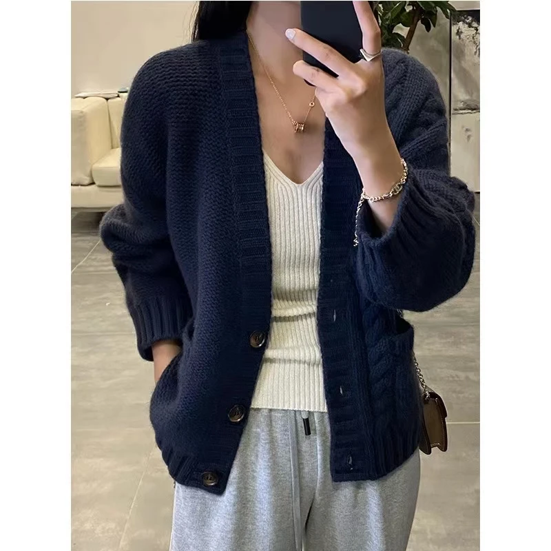 Autumn/Winter New Thicken V-neck 100% Wool Knitted Cardigan Women\'s Loose Warm Sweater Cardigans Larg Size Female Jacket Top