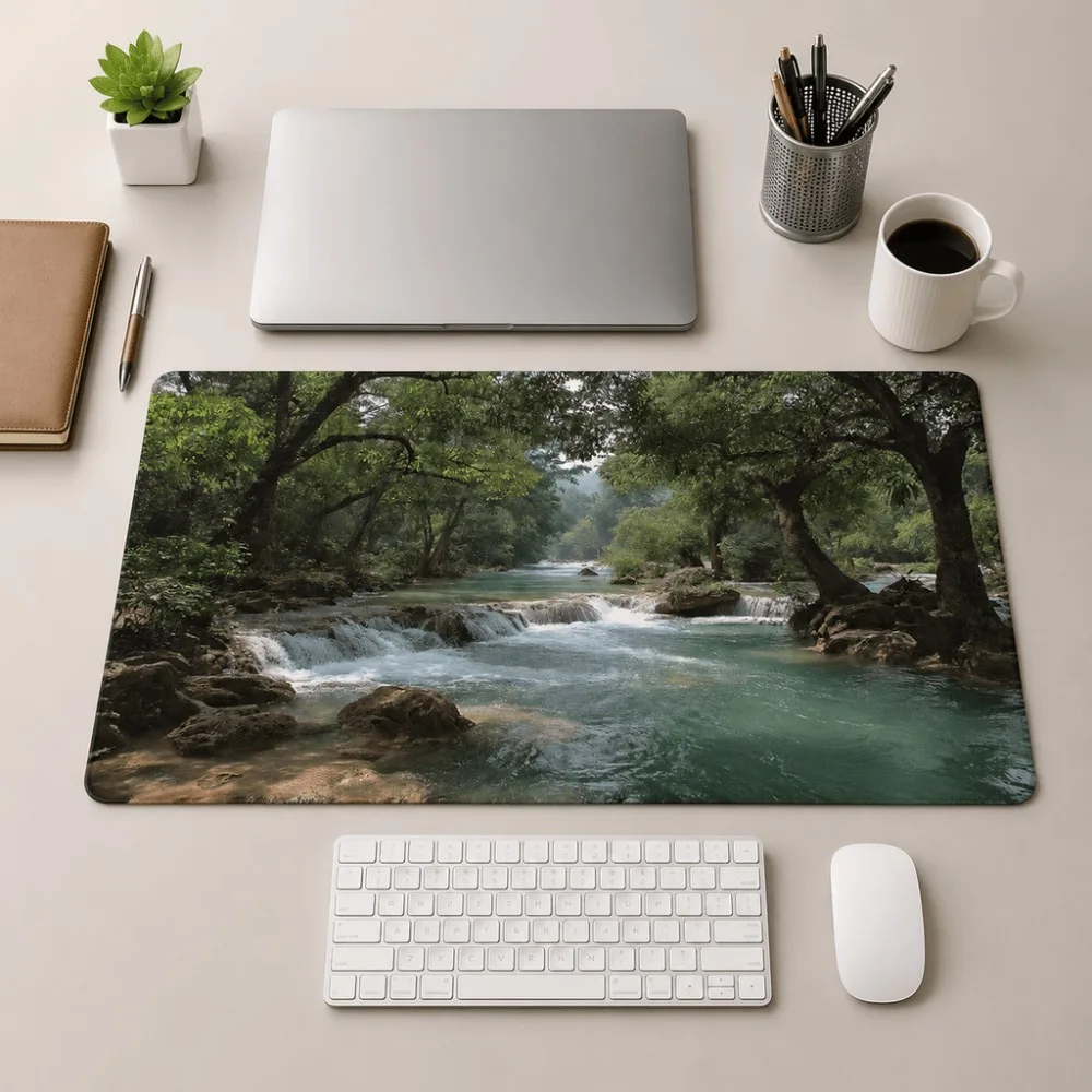 Forest, river and waterfall natural scenery print. Suitable for users of office and home computer desks. Rectangular extended
