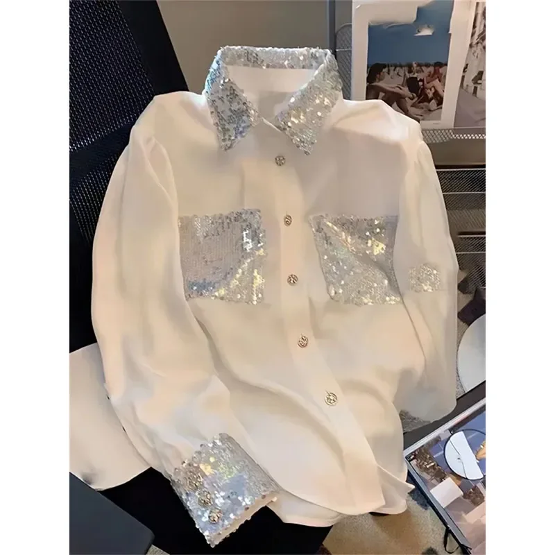 

Spliced Sequined White Shirt Women Spring Autumn Fashion Long Sleeve Shirts Top Pocket Blouse Loose Large Size Coat Female