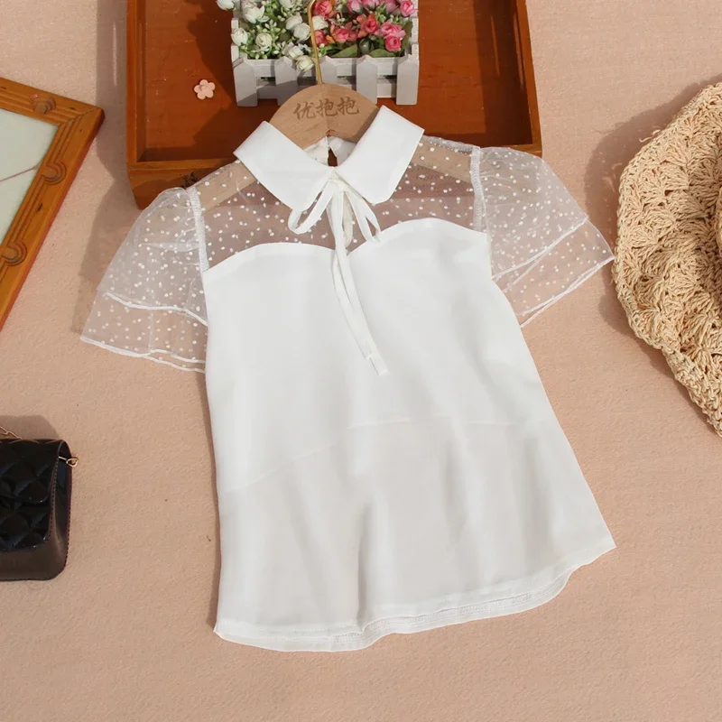 Fashion Chiffon Blouse Girls White Short Sleeve Shirt Turn-down Collar Lace Tee