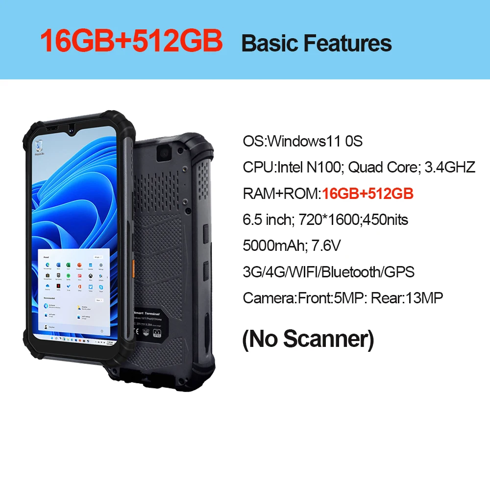 6,5" Robuuste PDA Windows 11 Pro 16G+512G Intel N100 IP67 Waterdicht 4G/WiFi/Bluetooth 10000mAh Snel opladen 2D-laadstation