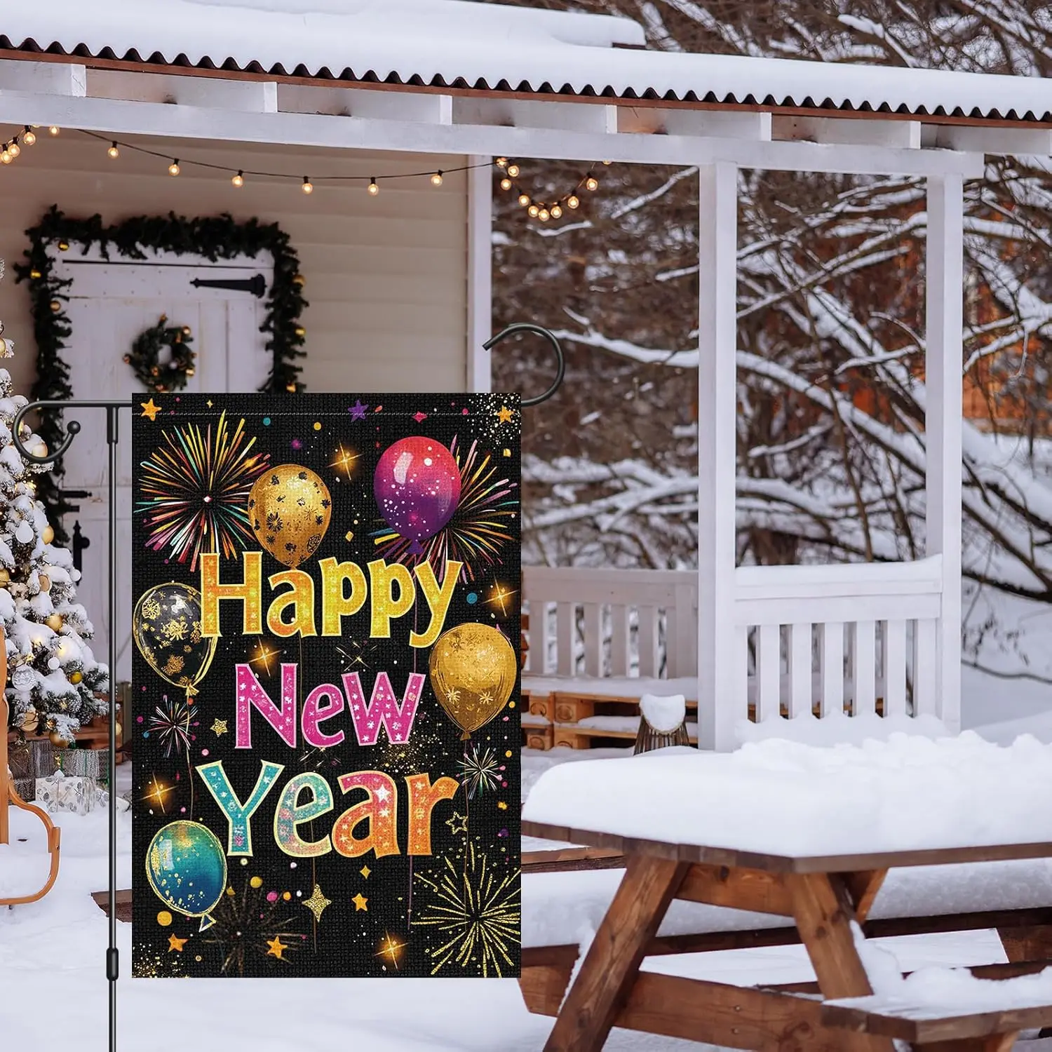 Heyfibro Happy New Year Garden Flag Christmas Firework Yard Flags 12x18 Inch Double Sided Burlap Balloon Celebration Banner  SSL