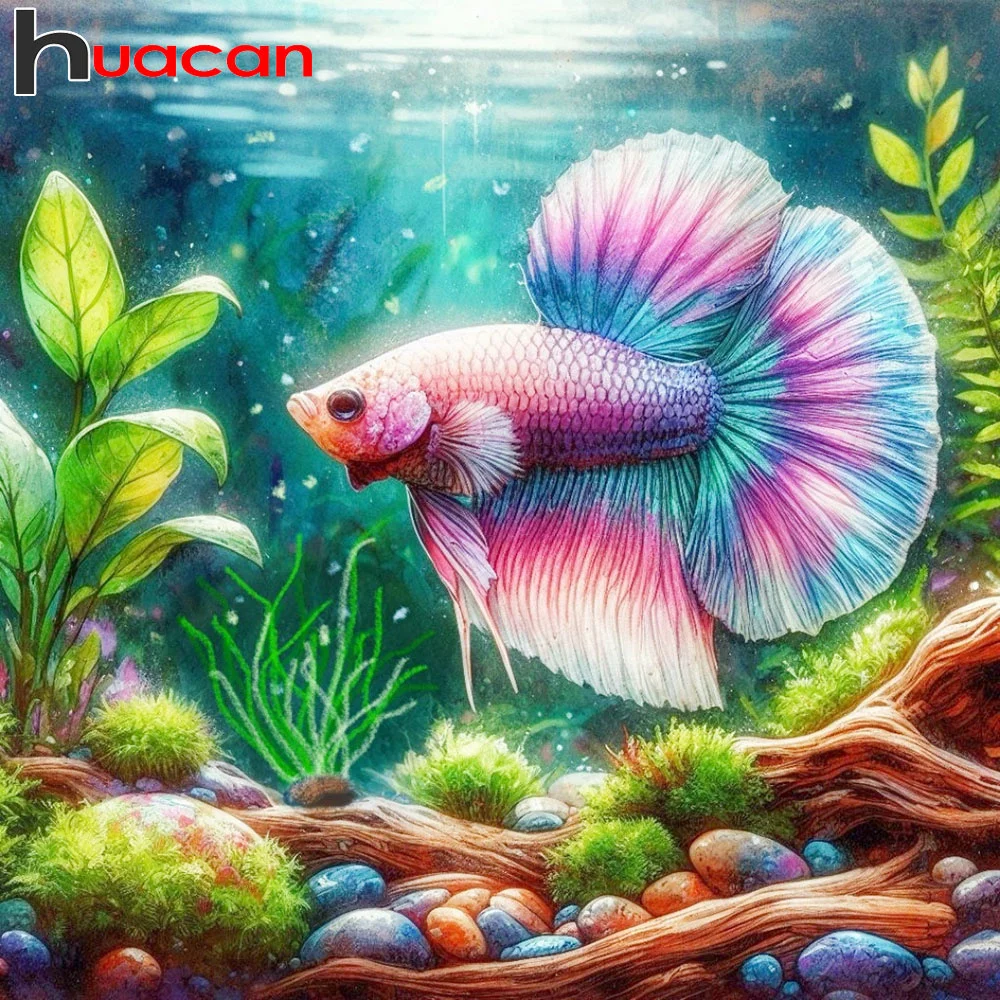 Huacan Diamant Malerei 5D Fisch Tier Voll Platz Runde Mosaik Kunst Bild Unterwasser Landschaft DIY Dekoration Malerei