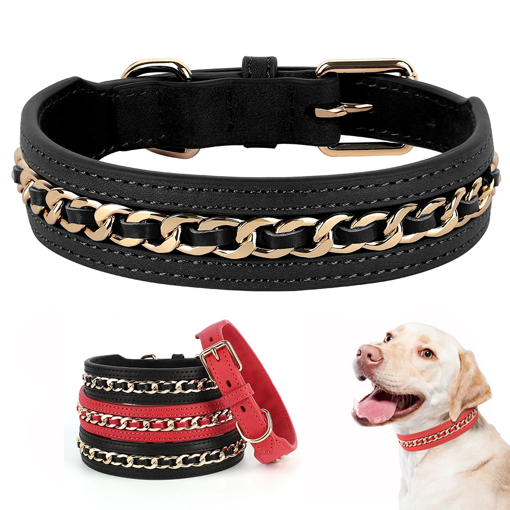 Genuine Leather Dog Collar Luxyry Metal Decoration Dogs Collars Adjustable Neckalce for Medium Large Dog Pitbull German Shepherd