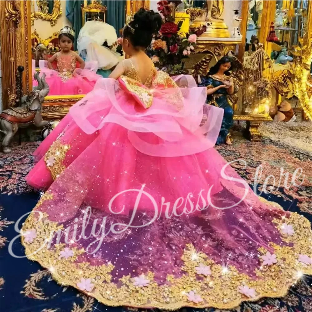 

Customized Blue Flower Girl Dress For Wedding Gold Lace With Bow Sleeveless Elegant Puffy Kids Birthday First Communion Gown