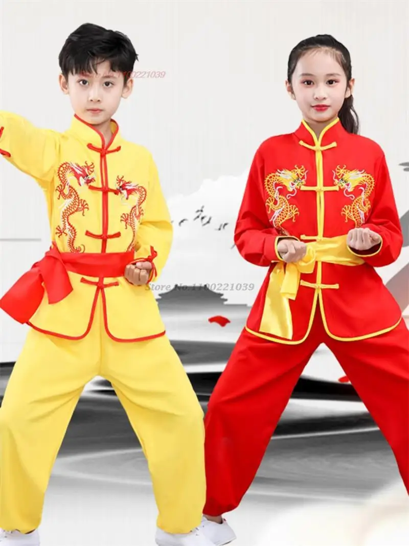 

2024 chinese children traditional tai chi wushu kung fu martial arts set vintage performance suit dragon embroidery kung fu suit