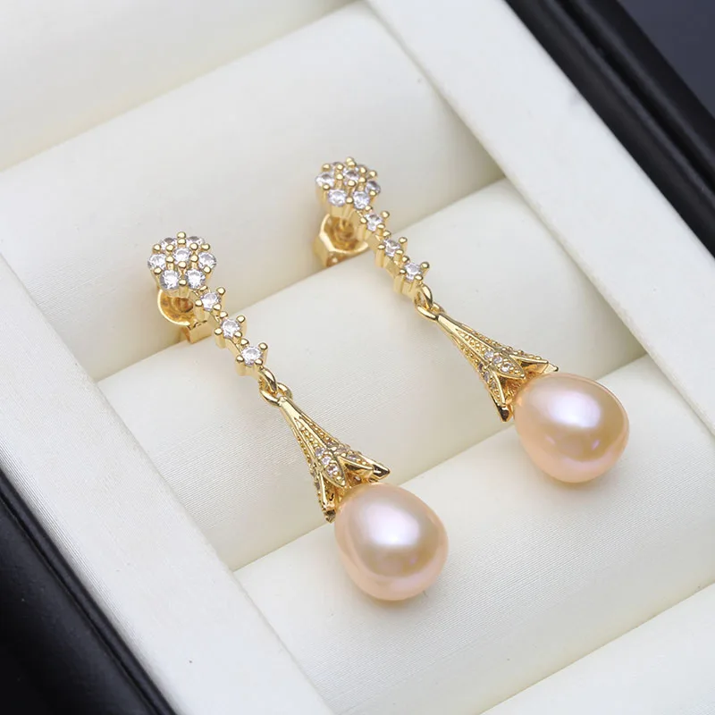Real Natural Freshwater Pink Pearl Earrings For Women,Gold Plated Dangle Pearl Earring Anniversary Gift Bridal White Black