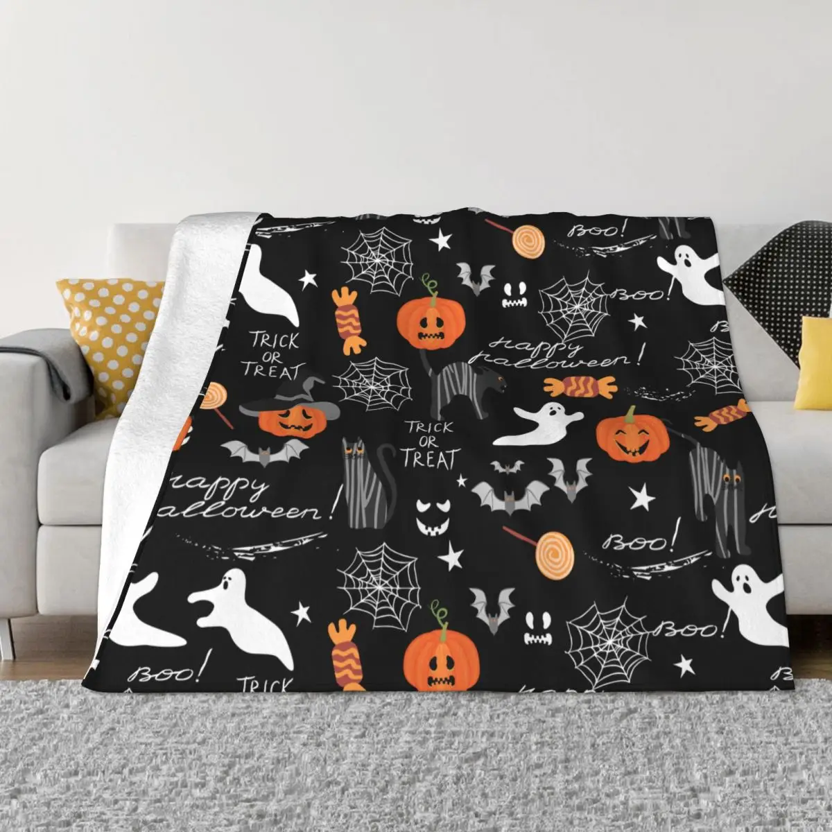 

Bat Pumpkins Cats Blankets Flannel Printed Happy Halloween Multi-function Thin Throw Blankets for Home Bedroom Plush Thin Quilt