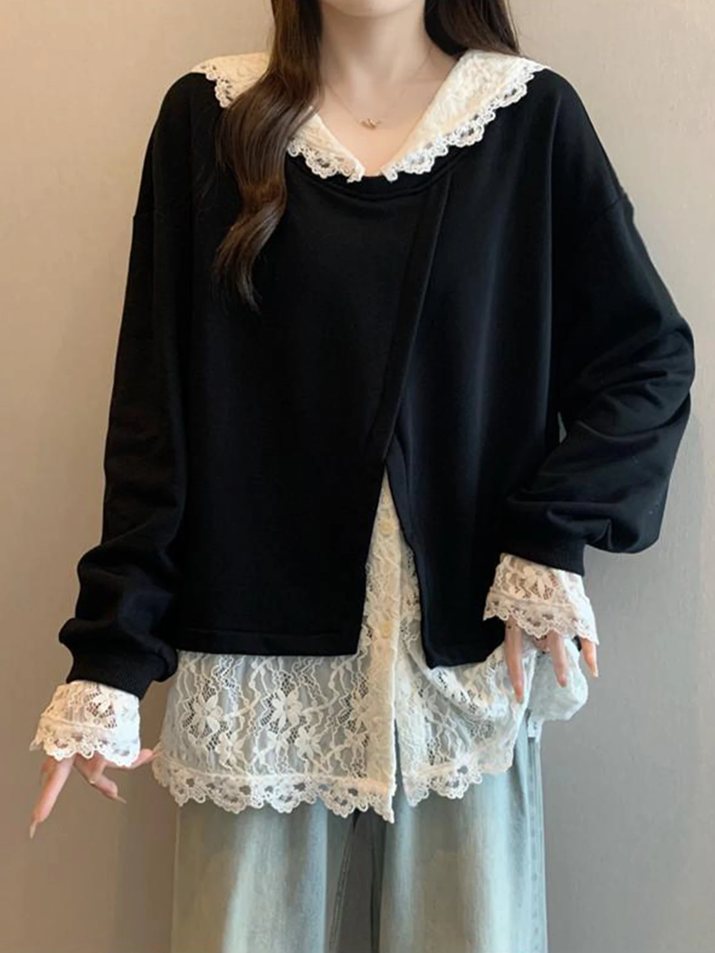 

Lace Splice Fake Two-Piece oulder Sweatirt Women's plus Size Spring New Sle Slimming Concealing Design Casual Top