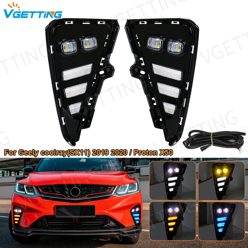 

Car LED Daytime Running Lights Fog Lamp For Proton X50 Geely Coolray Binyue 2021 2022 2023 Yellow White Blue Turn Signal Light