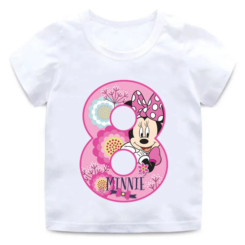 New Minnie Mouse Birthday Number Print Children T-Shirt Kawaii Tees Tops Girls T Shirt Anime Cartoons Casual Kid Summer Clothing