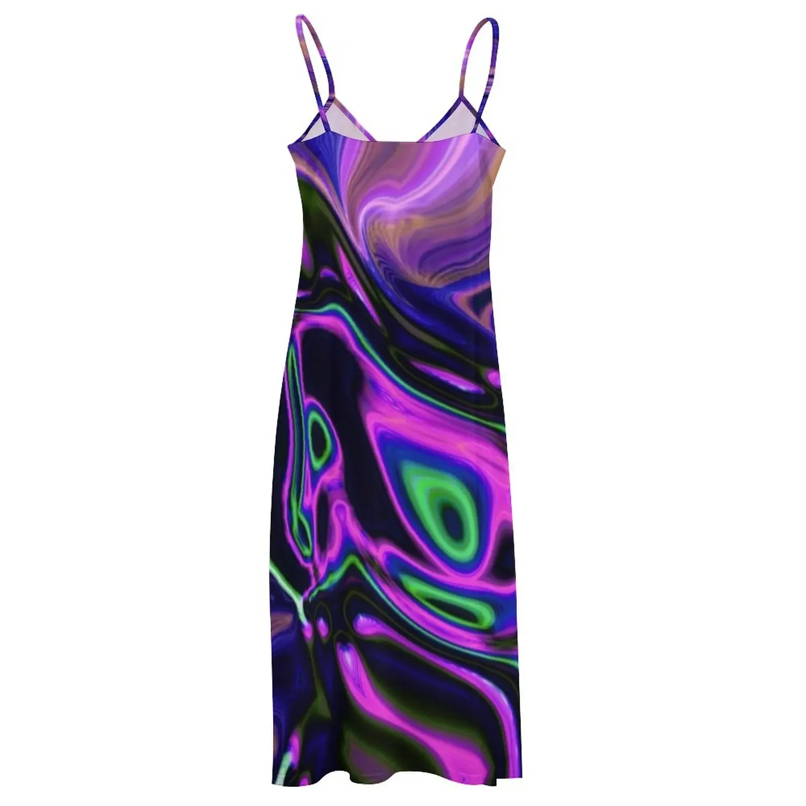 Vestido feminino de manga comprida verde neon e roxo, rodadas a laser abstratas, sem mangas, moderno, feminino