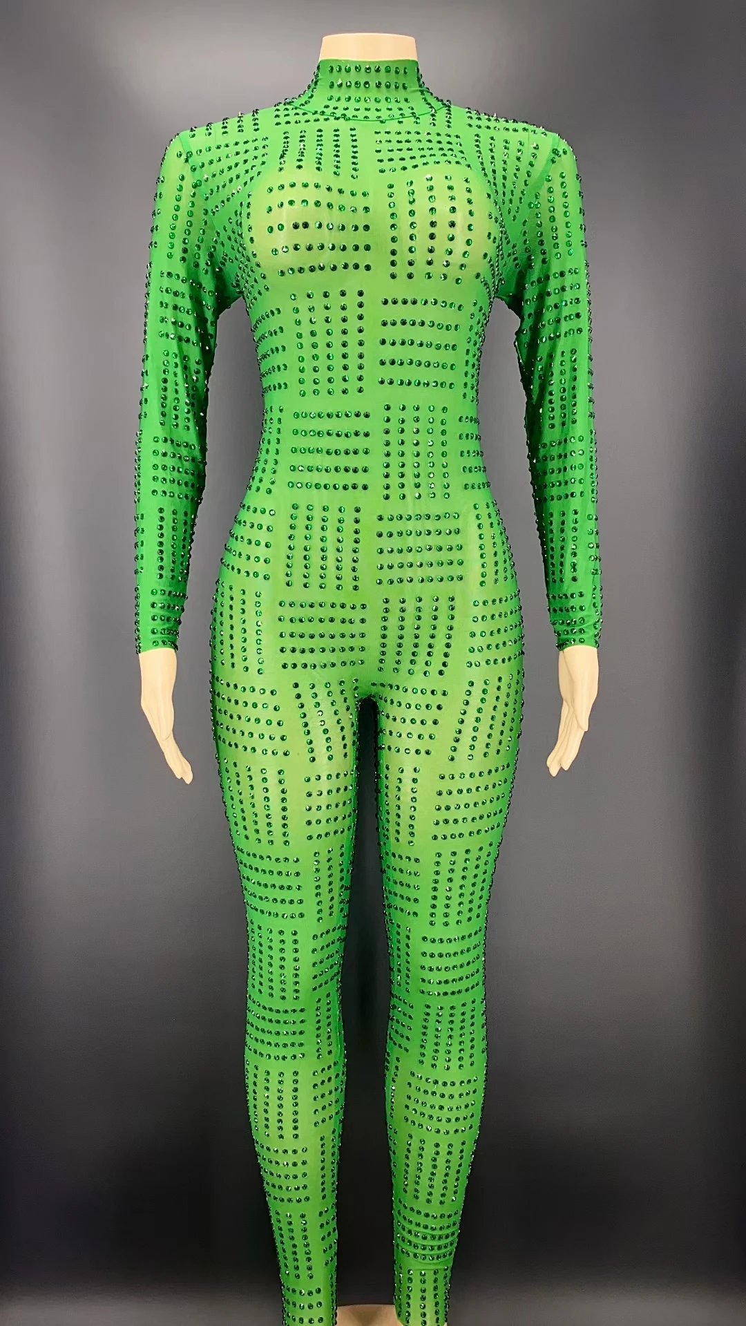 See Through Mesh Sparkly Green Rhinestone Jumpsuit Coat Suit Bar Club Stage Performance Wear Night Out Dress-up Outfit Lvchangku