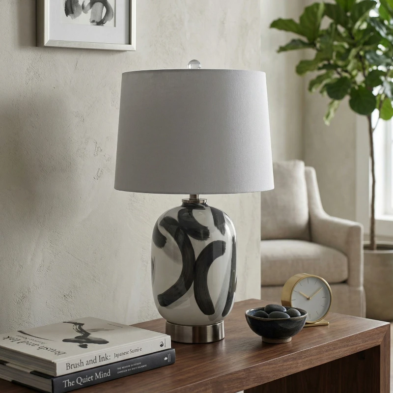 Chinese Ink Wash Painting Ceramic Base Floor Lamp Modern Minimalist Fabric LED Table Light Living Room Bedroom Hotel Study Villa
