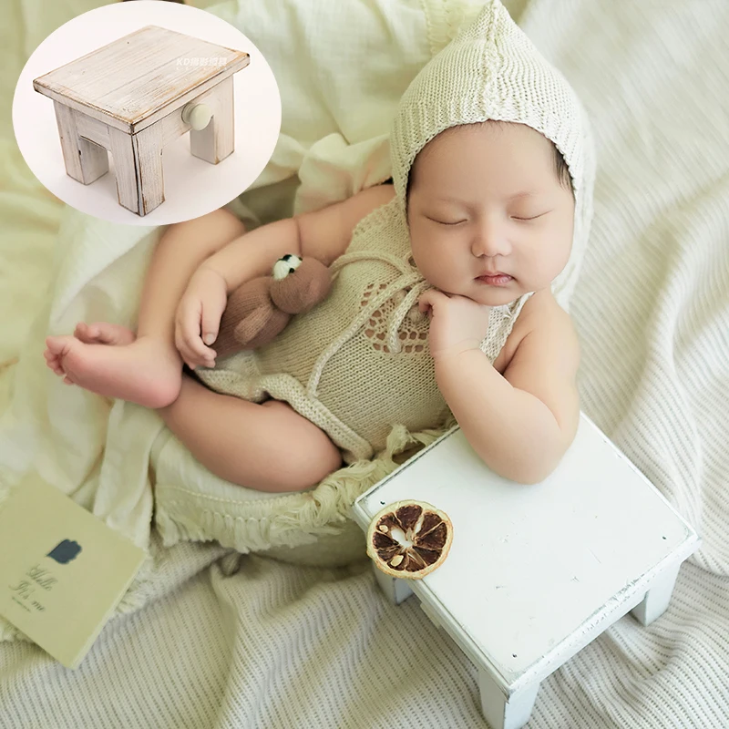 Newborn Photography Table Props Wooden Mini Retro Tea Table Round Stool Full-moon Baby Shooting Decoration Studio Accessories