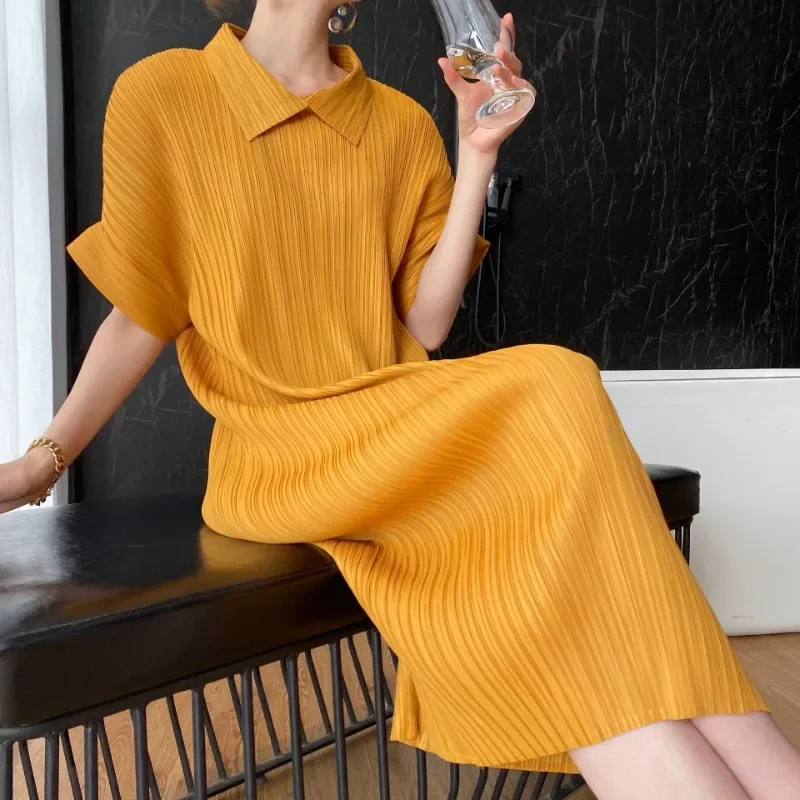 

ALSEY Miyake Polo Pleated Solid Color Simple Dress Summer New Slim Simple Streetwear Fashion Elegant Party Dresses for Women