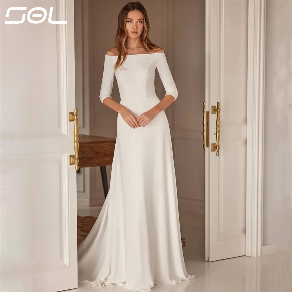 Sol Eenvoudige Off-Shoulder Halve Mouwen Trouwjurken Bruid Gewaden Elegante Rugloze A-Lijn Bruidsjurken Vestidos De Novia