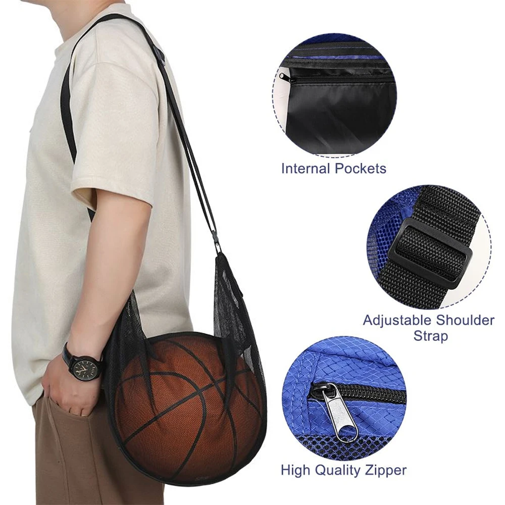 Bolsa de pelota de malla multifuncional con correa ajustable y bolsillo con cremallera, plegable, de gran capacidad, para deportes, gimnasio, playa, almacenamiento de viaje