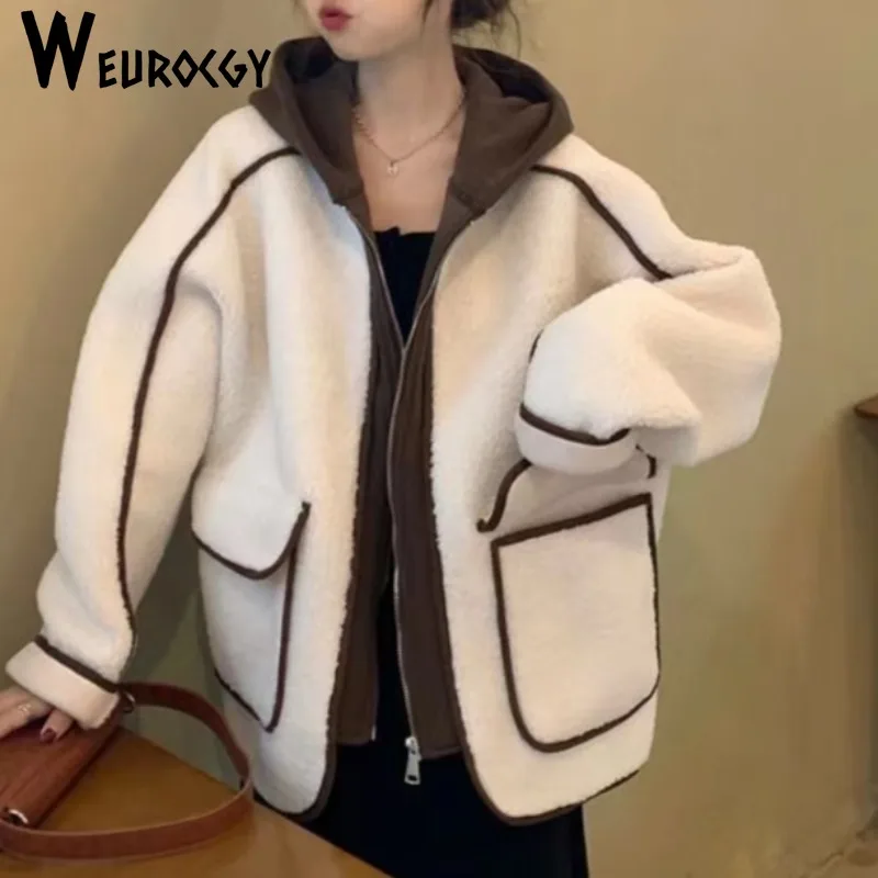 

2024 Winter New Women Patchwork Lamb Coats Casual Versatile Long Sleeve Fake Two Hoodies Loose Design Korean Edition Jacket