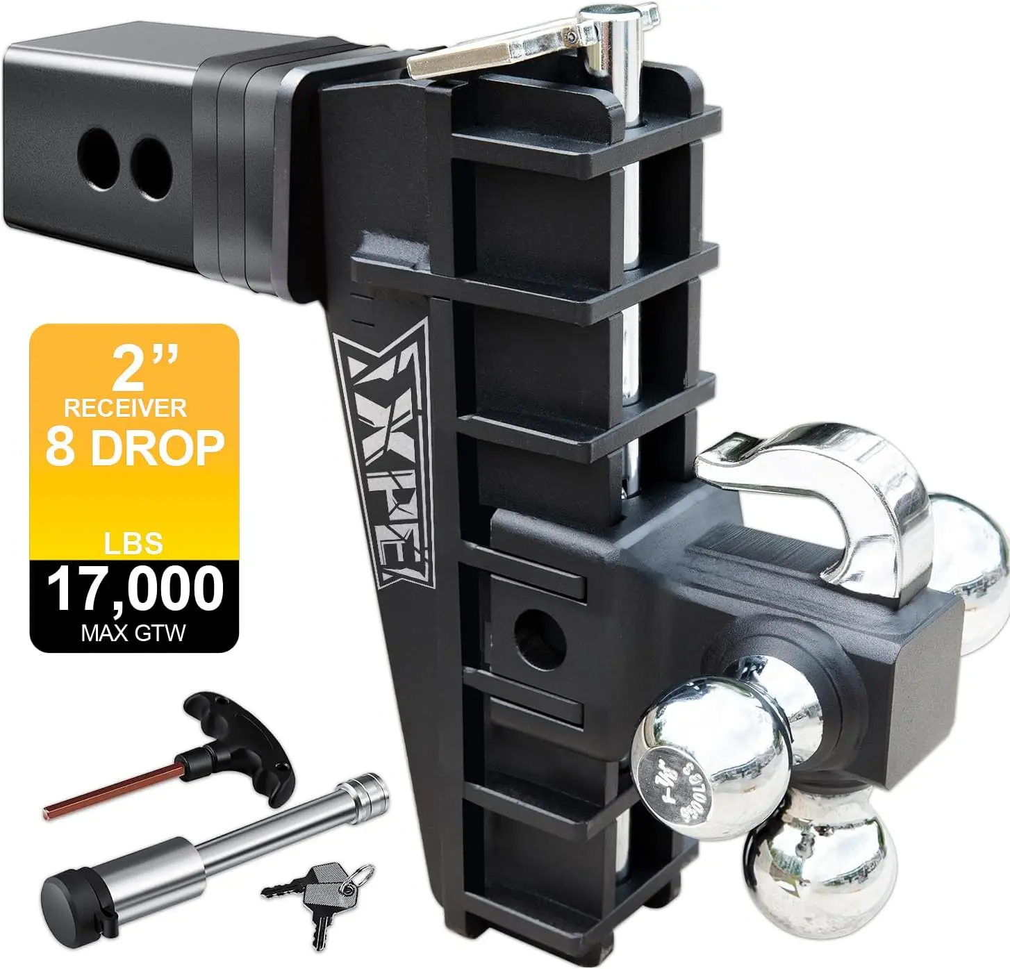 

Adjustable 2-Inch Trailer Hitch, 17000 LBS GTW, 8' Drop Tri-Ball Mount with Hook