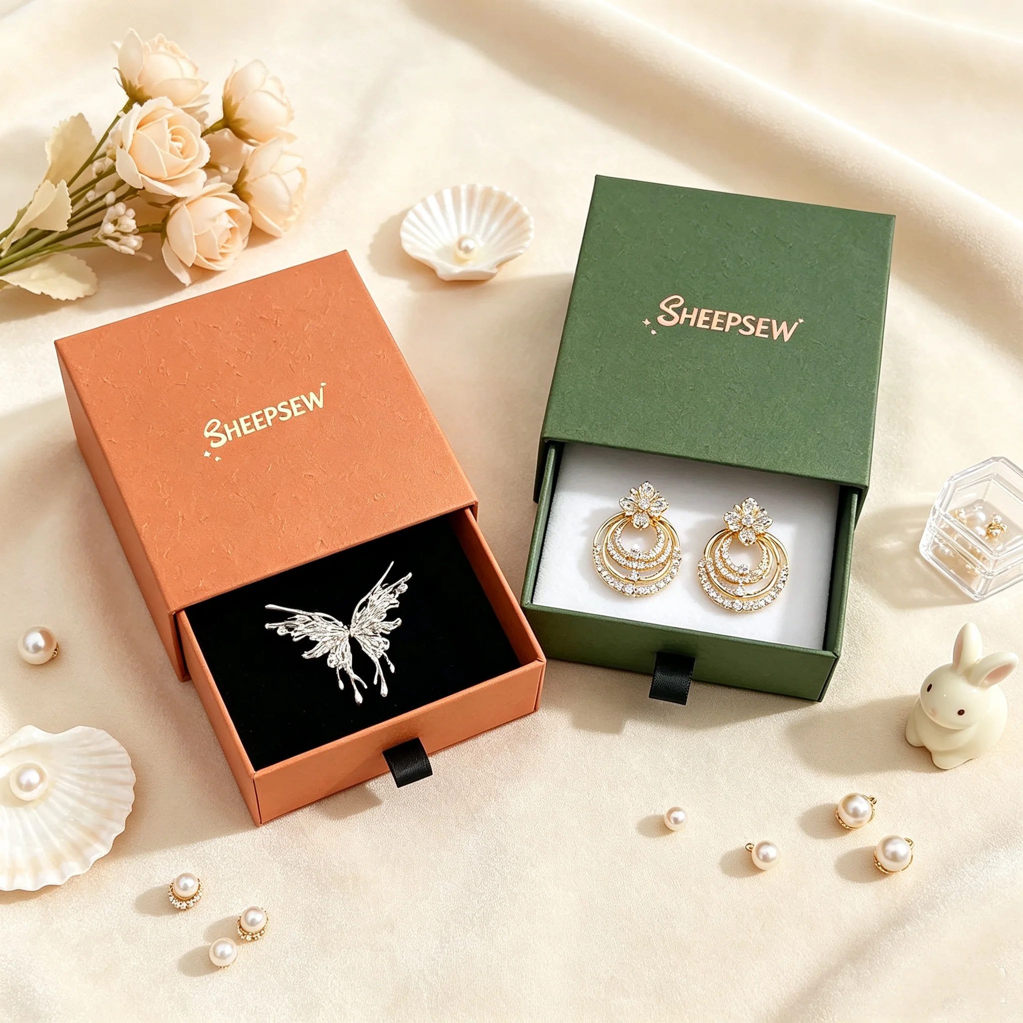 50pcs Sheepsew Jewelry Necklace Gift Box Custom Logo Ring Earring Necklace Bracelet Paper Drawer Box Jewelry Packaging Boxes