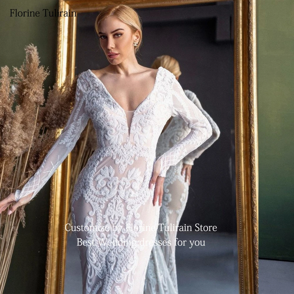 Bespoke Robe De Mariée Sexy Deep V-neck Full Sleeves Elegant Mermaid Sweep Train Backless Wedding Dresses for Brides 2023