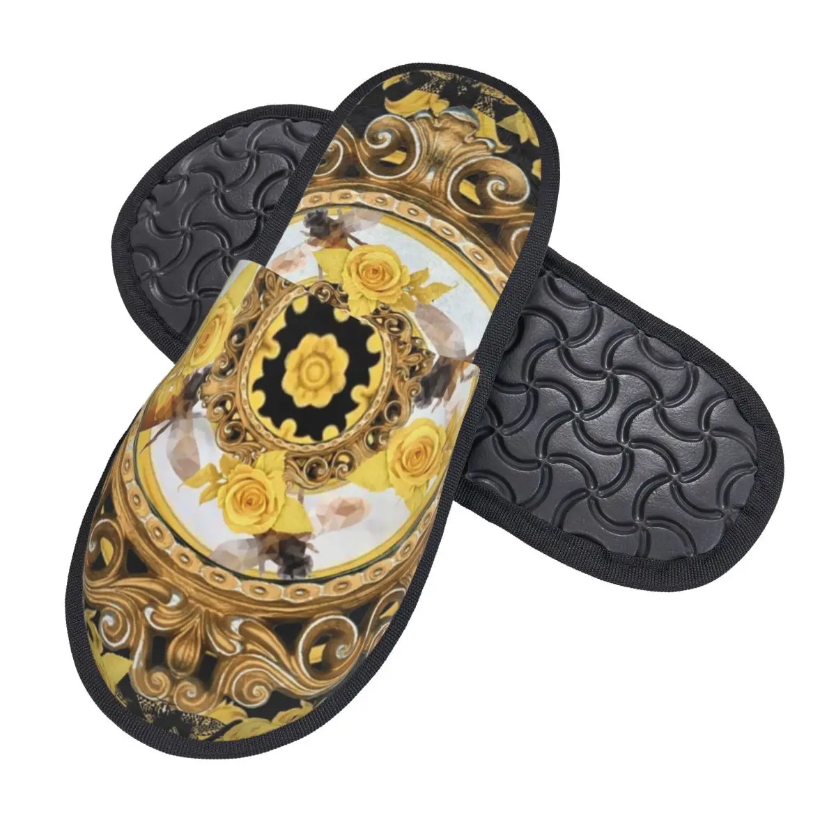 Custom Yellow Rose And Bees Vintage Kitsch Baroque Scarves Comfy Scuff Memory Foam Slippers Women Spa House Shoes