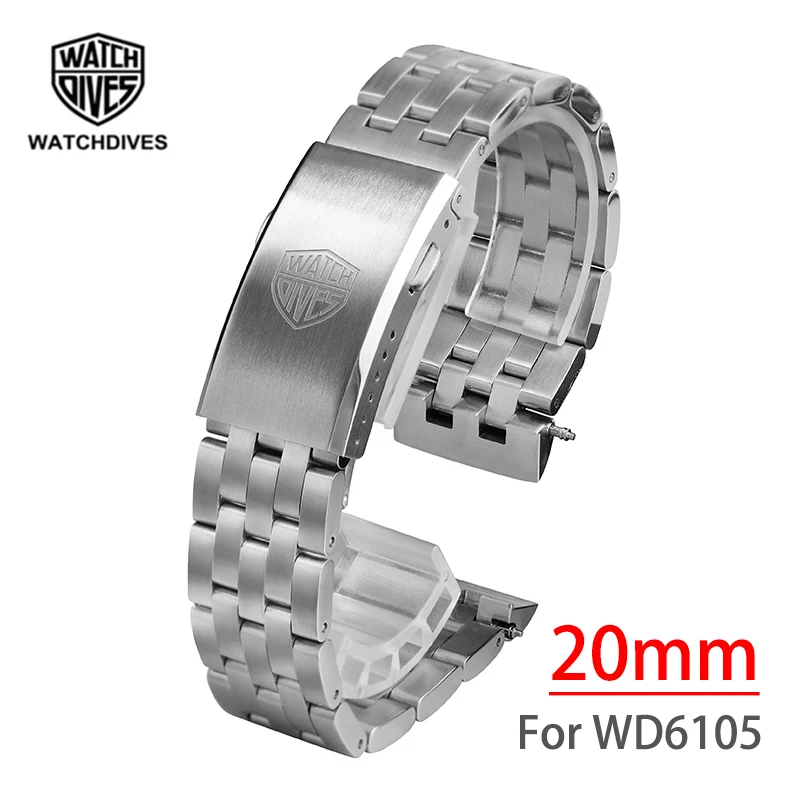 Watchdives Bracelet for WD6105 Frosted Solid 316L Stainless Steel Replacement Strap With Foldable Clasp 20mm Turtle Watchband