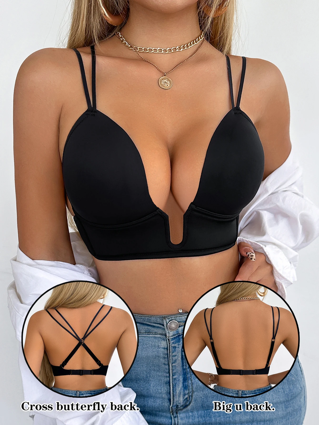 Sexy Women's Wire-Free, Unlined Bra, Comfortable and Close-Fitting Underwear, Adjustable Push-Up, Deep U-Shaped, Double Shoulder Strap Decoration