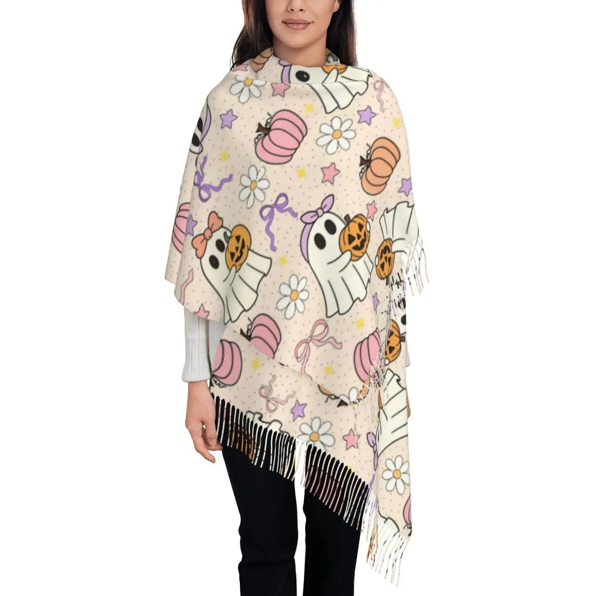 Cute Ghosts And Pumpkins Shawls Wraps for Ladies Winter Warm Single-sided Pattern Scarf Halloween Pashminas Tassel Scarves