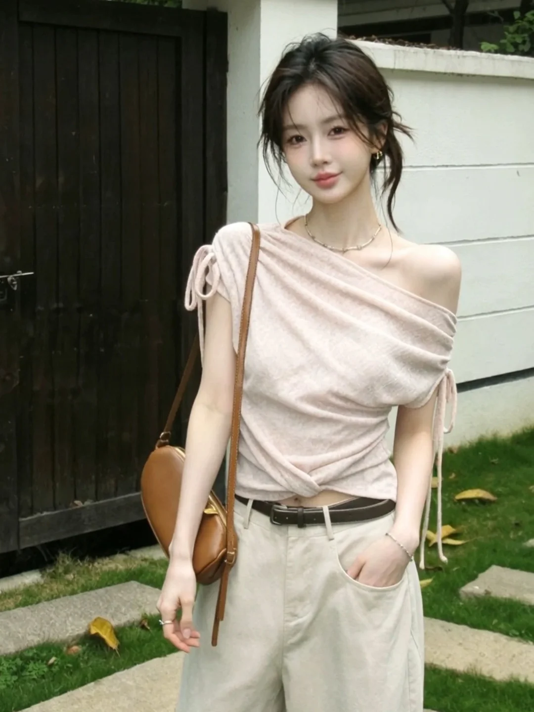 Korean Style Sweet Spicy Pink Tie Dye Shoulder Top Women's Summer New Short Sleeve Design Sensation  Fashion T-shirt