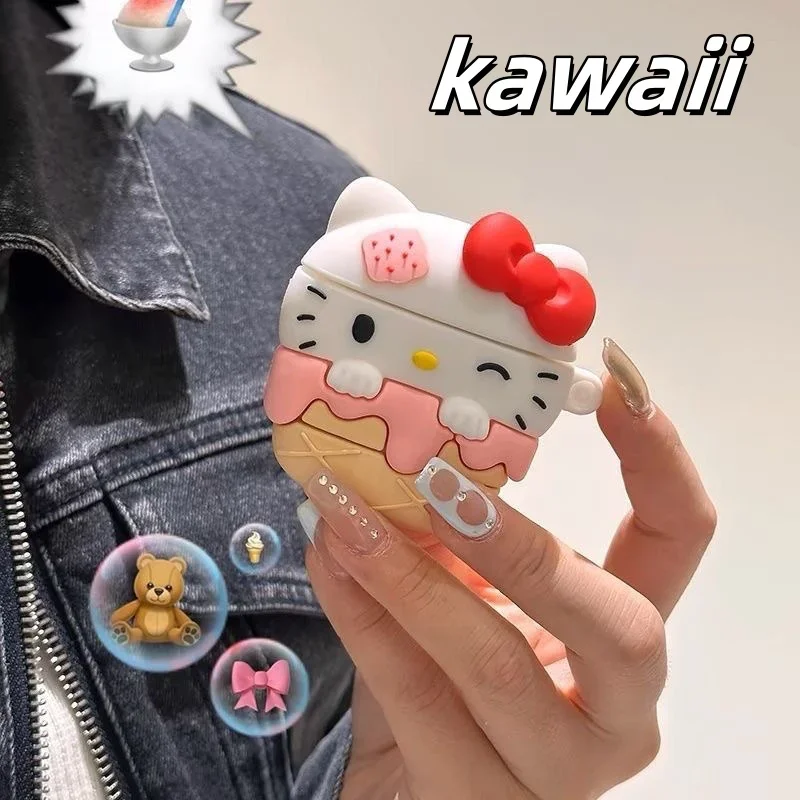 

kawaii hello kitty cute cone AirPods Pro Apple Bluetooth headphone case 1/2/3 generation cartoon protective case for femaleanime