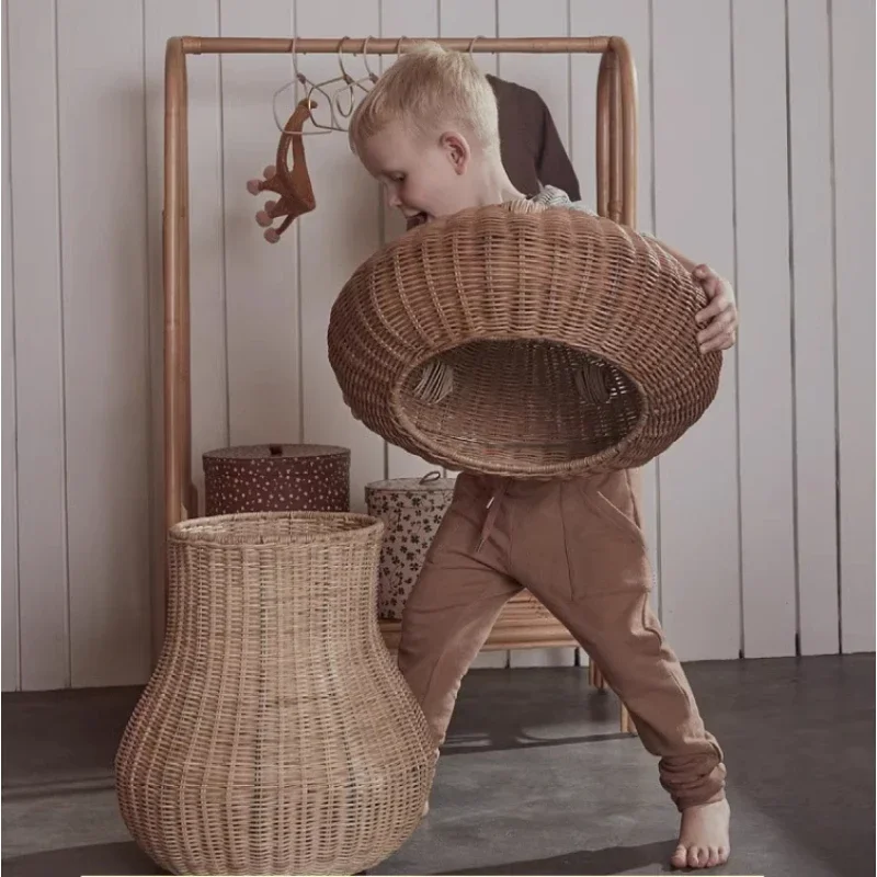 HandWoven Rattan Laundry Basket Nordic Natural Storage Box with Lid Mushroom Design Children's Toy Organizer