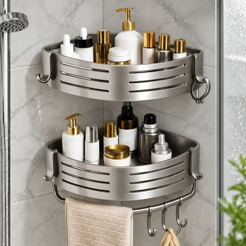Drill-Free Aluminum Bathroom Shower Shelf with Towel Bar and Plastic Hooks, Available in Sets of 1 to 3