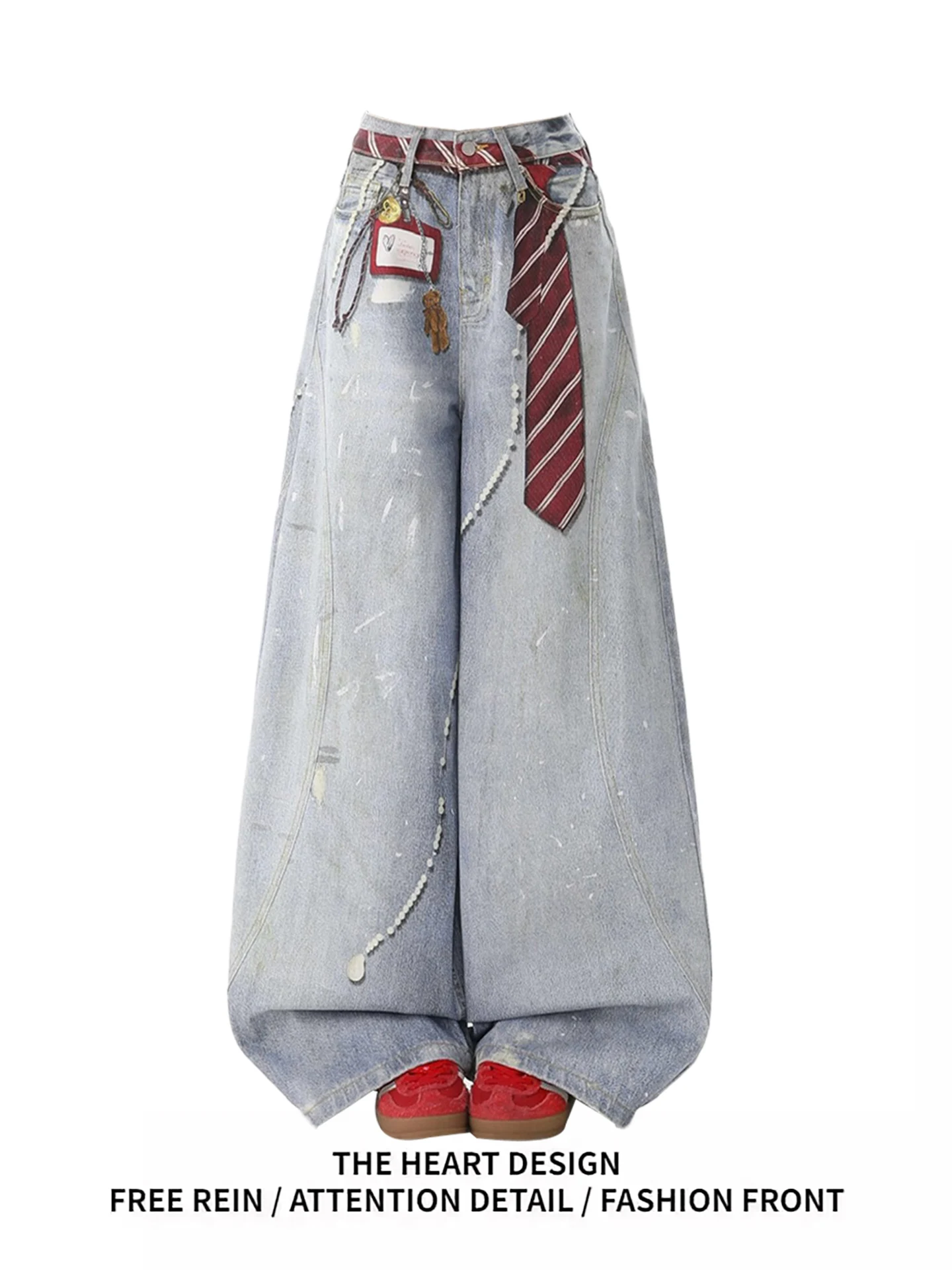 

Ретро-джинсы с американским принтом, женские, с высокой талией, широкие штанины, с эффектом потертости, осенняя новинка, повседневные, синие