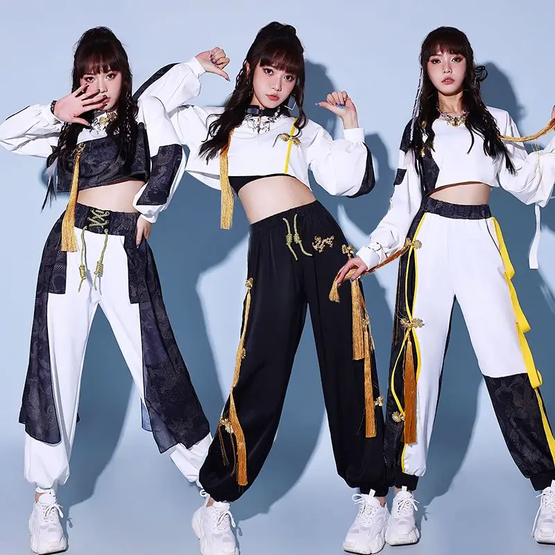 女性のためのダンスパフォーマンスの衣装、韓国のダンスセット、kpopsong戦う、中国-シックジャズダンスコスチューム、新しいヒップホップスカート、ペ