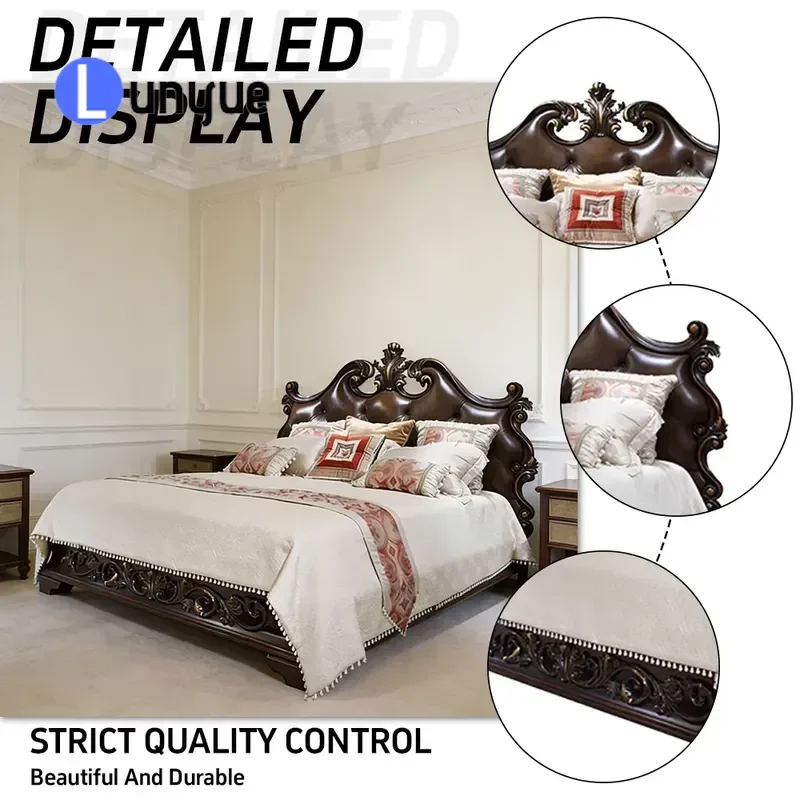 European Baroque Hand Carved Birch Frame Premium Leather Upholstered Solid Wood Single Bed for Bedroom Furniture