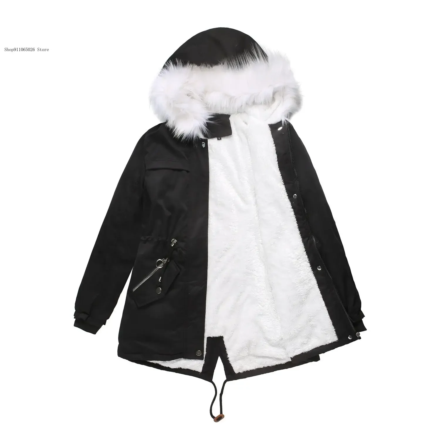 Spring, Autumn, and Winter Loose European Size Medium To Long Style Plush Insulation and Fur Collar Cotton Jacket Coat for Women