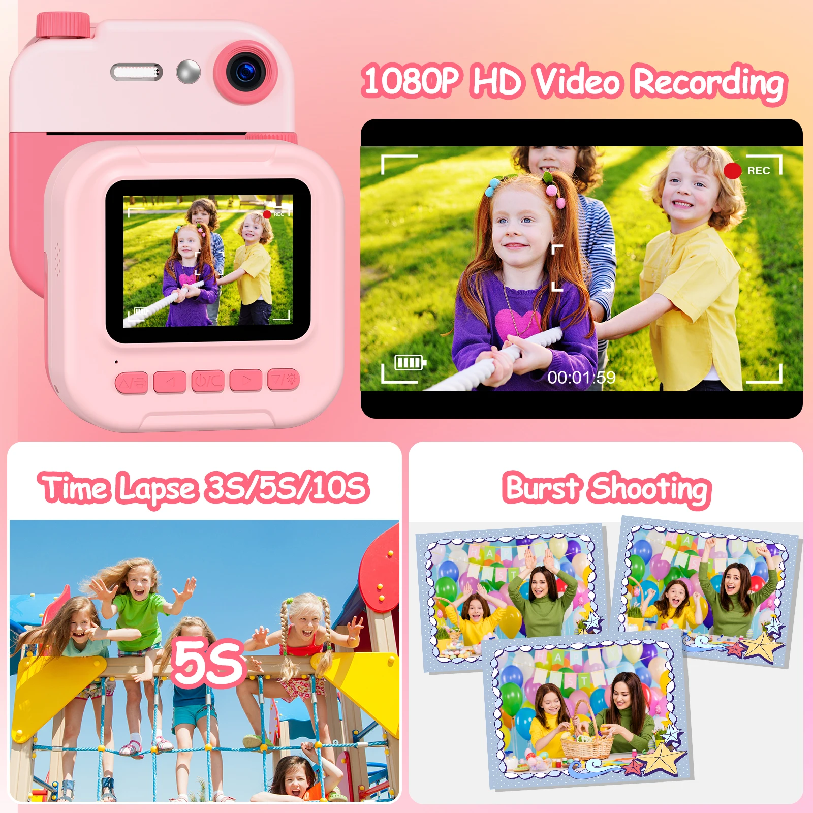 Mini Instant Print Kamera für Kinder Tragbare Digitalkamera Cartoon Thermodruck Kamera Spielzeug mit 32G Karte