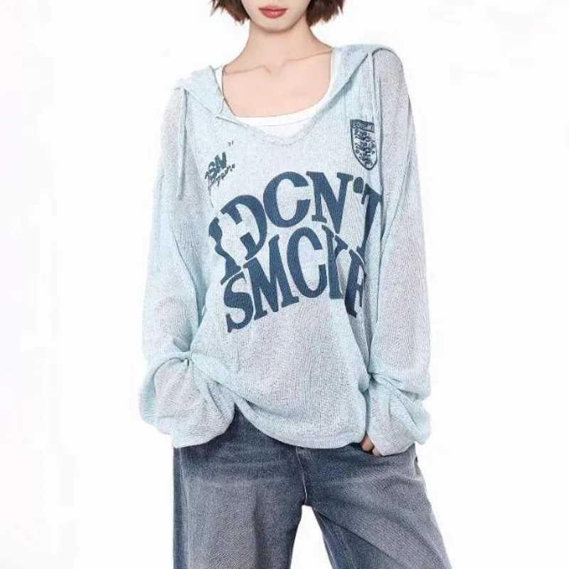 Blue Hooded Sun Protection Cover for Women in Summer Thin Niche Design Long Sleeved T-shirt Hollowed Out Knitted Breathable Tops