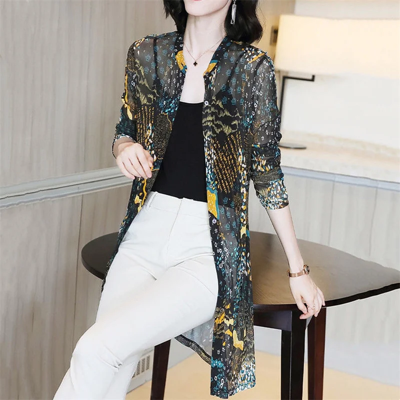 2024 New Summer Jacket Printed Sun Protection Clothing Women\'s Mesh Shirt Overlay Cardigan Coat Thin Chiffon Shirt Female Tops