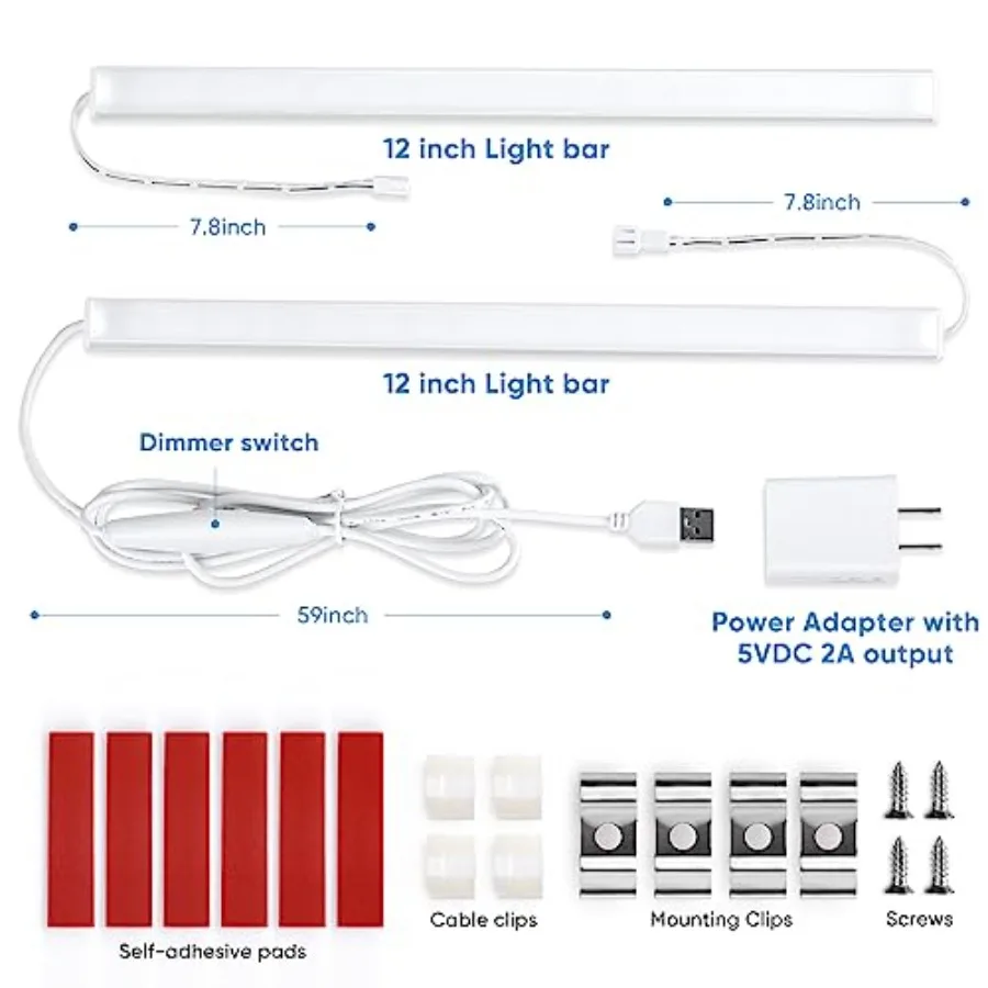 Plug Under Cabinet Light Kit with Power Adapter, Dimmer, 2 pcs 12 Inch USB LED Light Bars. Dimmable Linkable for Kitchen Counte view 3
