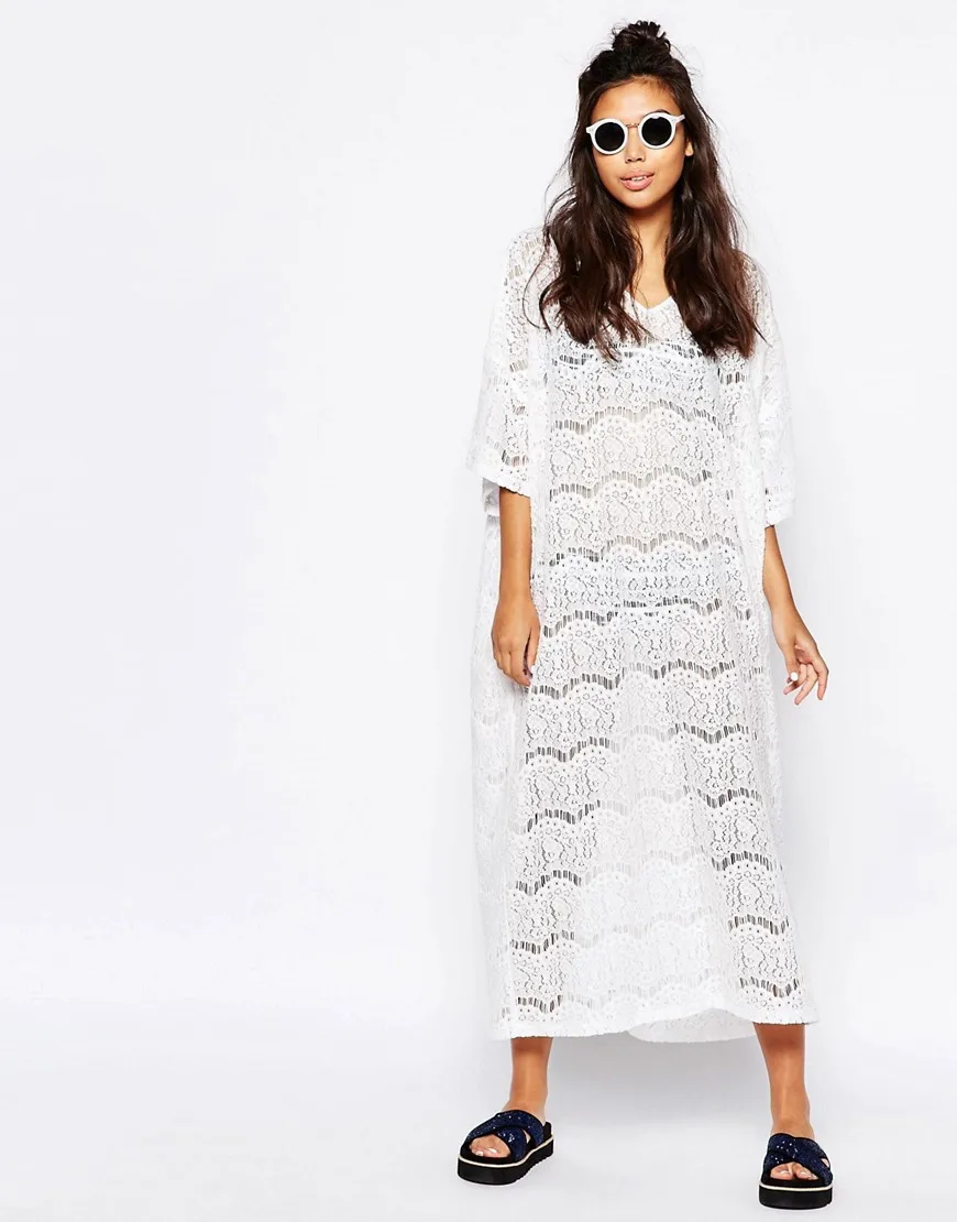 

White Lace Crochet Beach Cover Up Women's V-Neck Sheer Long Maxi Kaftan Dress Swimwear Cover-Up for Summer Vacation
