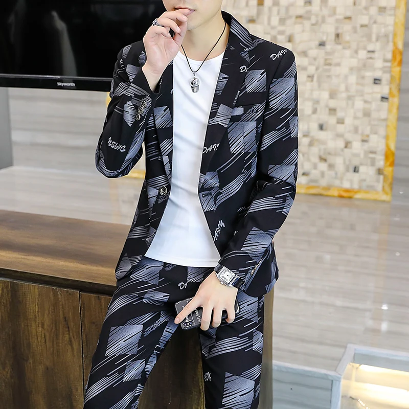 

Suit (Blazer+Pants) Men's Fashionable Printed Travel Gentleman Wedding Slimming Business Trendy Casual Korean-style Formal Wear