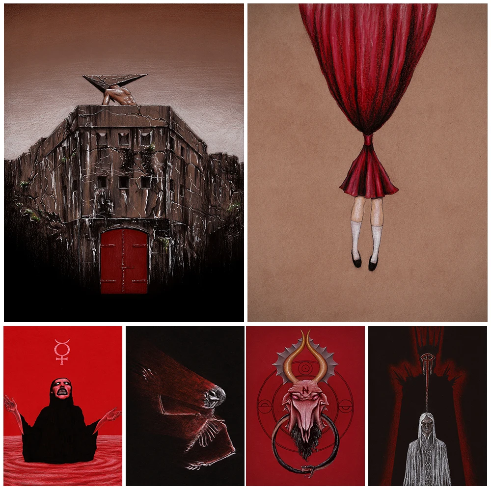 Demon,Skeleton,bloody,Spooky Abstract Scary Wall Art Canvas Painting The Bleeding Bathtub And The Devil's Palace Poster Print