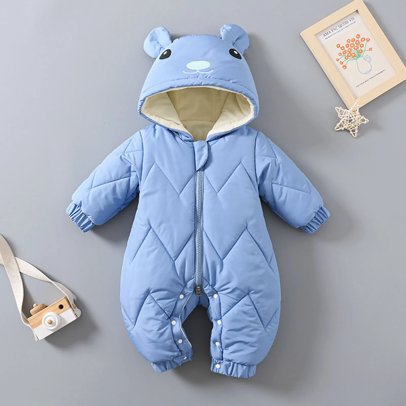 Winter Newborn Romper Thick Plus Cute Bear Baby Clothes Kids Solid Hooded Zipper Cotton Clothes Infant Boys Girls Warm Jumpsuit