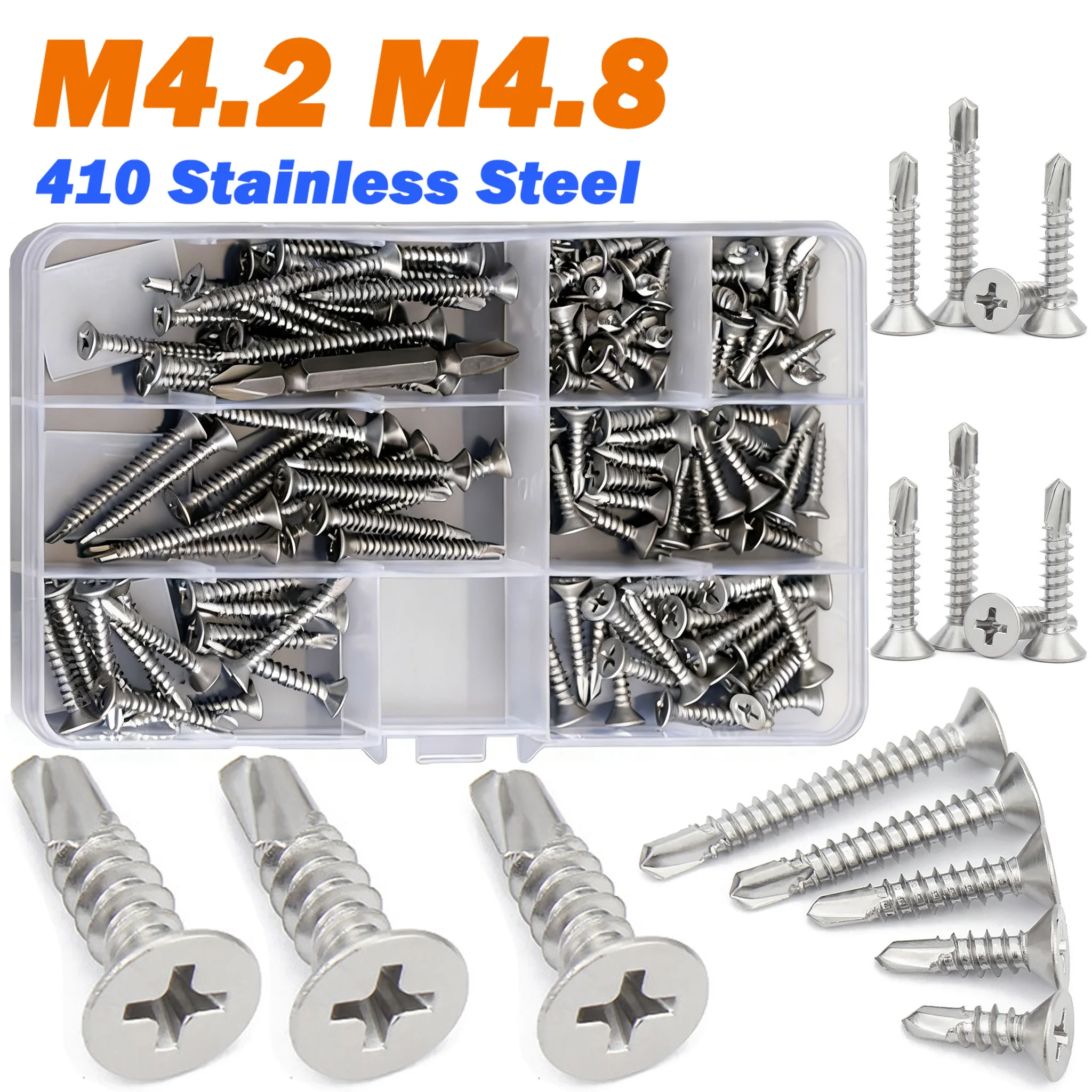 Self Drilling Screws Assortment Kit M4.2 M4.8 410 Stainless Steel Flat Head Phillips Self-Tapping Screw With Screwdriver Bit