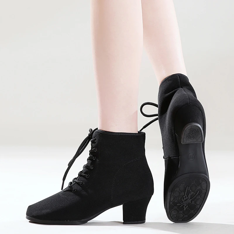 Women's Latin Dance Boots Low Heel Close Toe Ballroom Tango Performance Practice Teaching Dancing Shoes Women Black Beginner